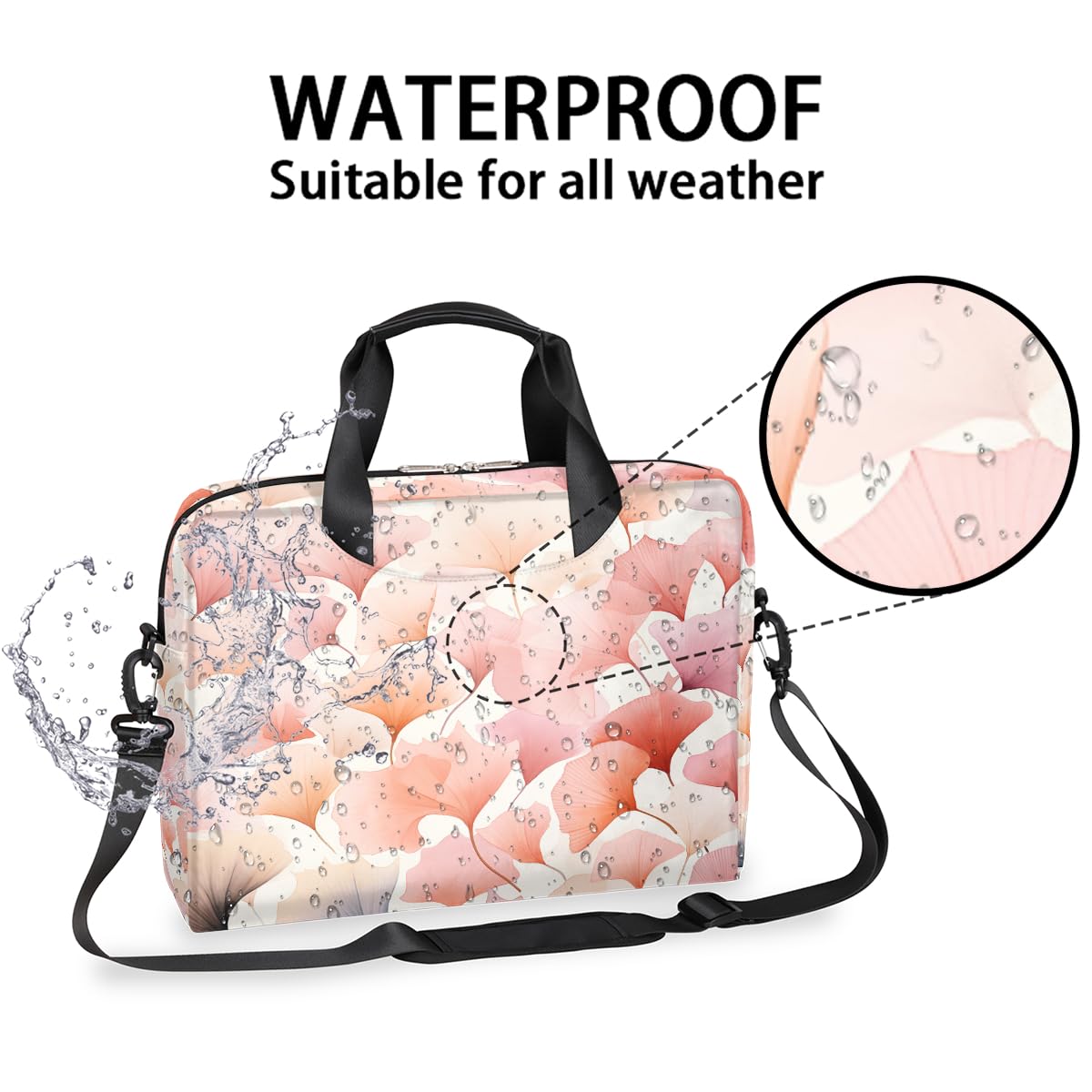 Borsa per computer portatile 15.6 16 pollici rosa foglie di ginkgo custodia per laptop impermeabile borsa a tracolla per donne uomini, Nero