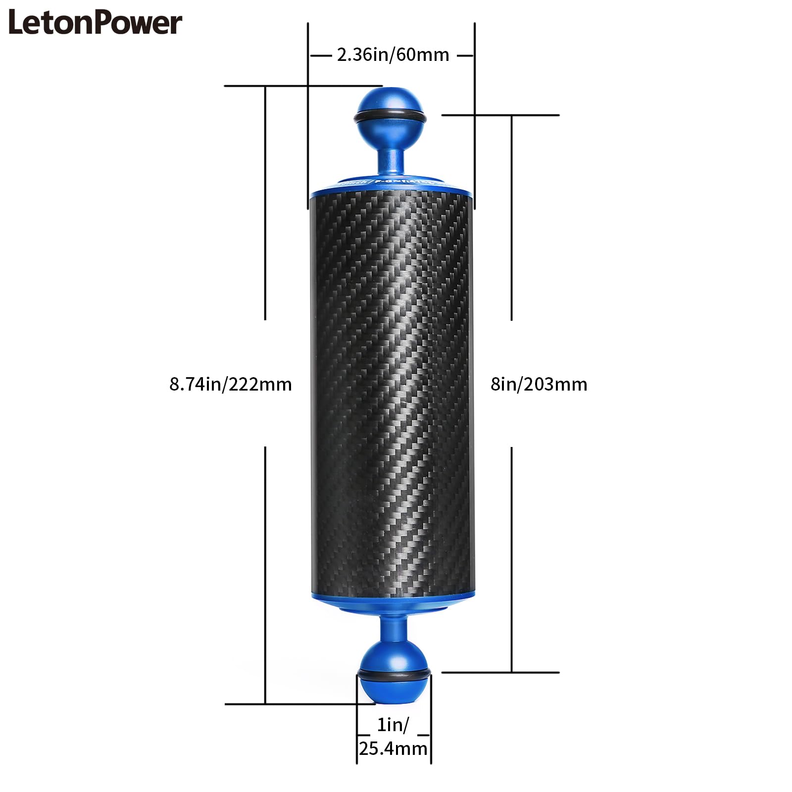 8" Brazo Flotador Submarino de Fibra de Carbono, Brazo Acuático, Doble Brazo Flotador de 1'' con Bola de Flotación Sistema de Iluminación para Bandeja de Buceo Luz de Video/Strobe (2pack)