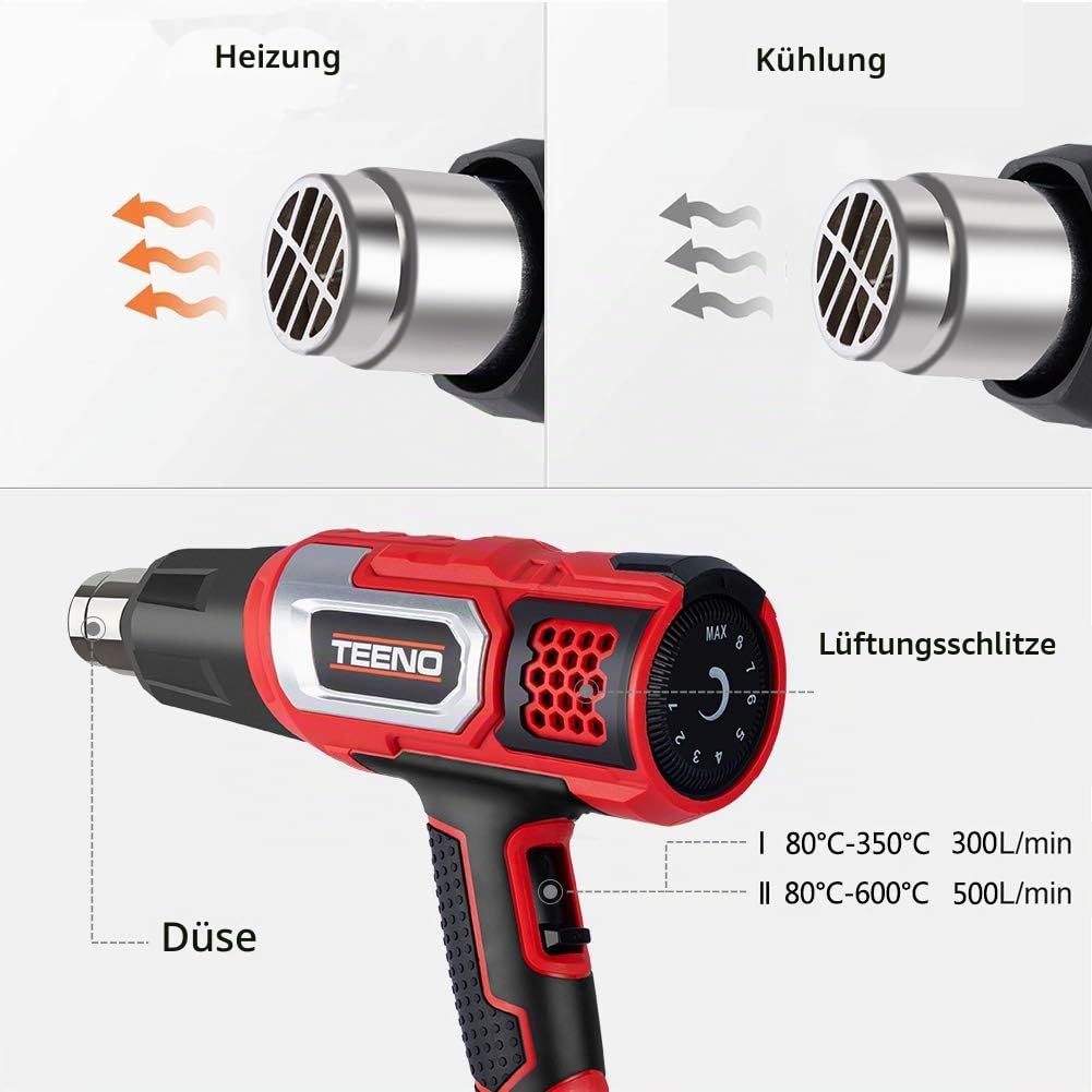 TEENO 2000W HEISSLUFTFÖN mit 9-stufiger Temperaturregulierung - HEAT GUN für Entlacken und mehr - HOT AIR GUN in Rot/Schwarz mit 8 Zubehör