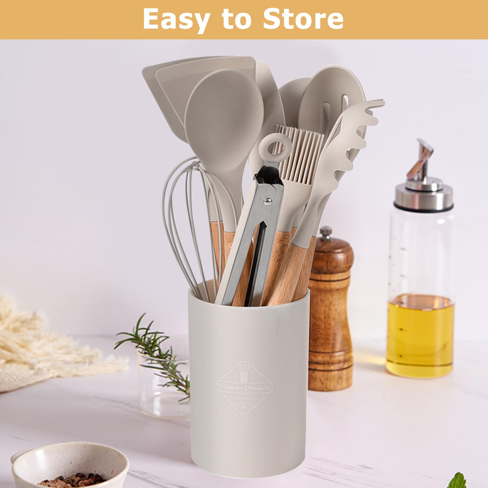 Utensili Cucina Silicone Set - 22 Pezzi Set Mestoli Cucina Manico in Legno - Strumenti da Cucina Resistenti al Calore - Con 10 S Ganci (Kaki)