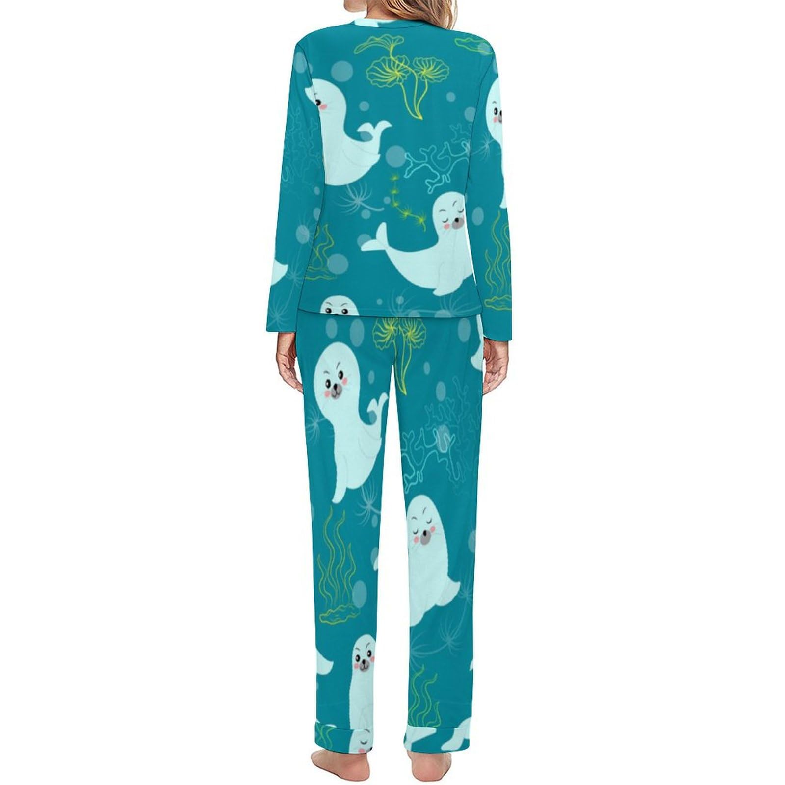 Damen-Pyjama-Set mit Rundhalsausschnitt, niedlicher Robbe-Pyjama, Damen-Pyjama mit Taschen