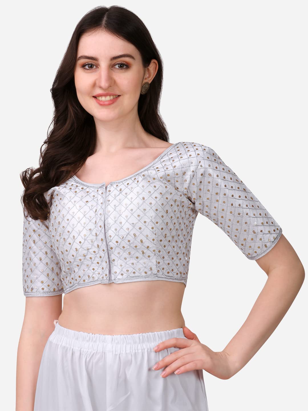 Pujia Mills Women's Embroidery Half Sleeve Silk Readymade Blouse (Banke_Silver_38)