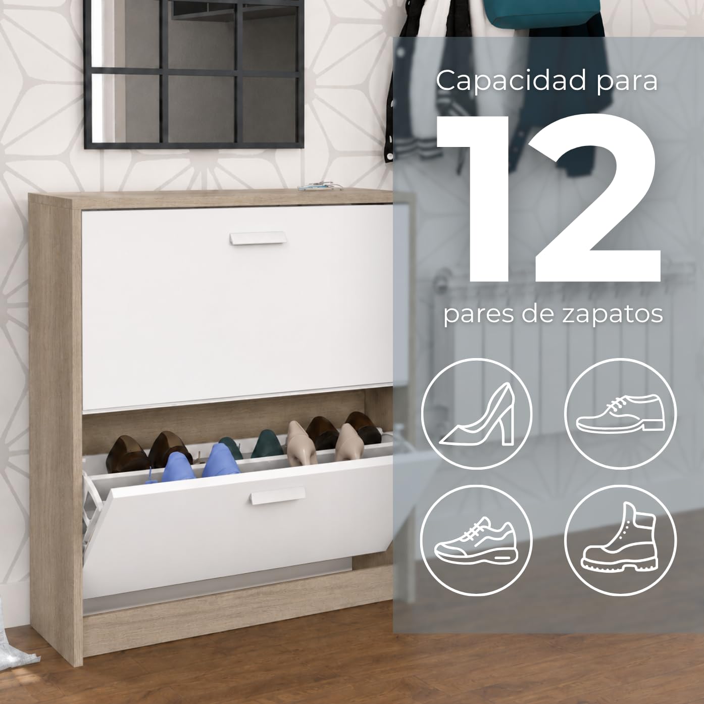Muebles Pitarch | Scarpiera Ingresso Mobile ausiliario stretto 2 porte per ingresso Bianco e Rovere Cambrian, 12 paia di scarpe, 82x74x25cm, Collezione Tibet
