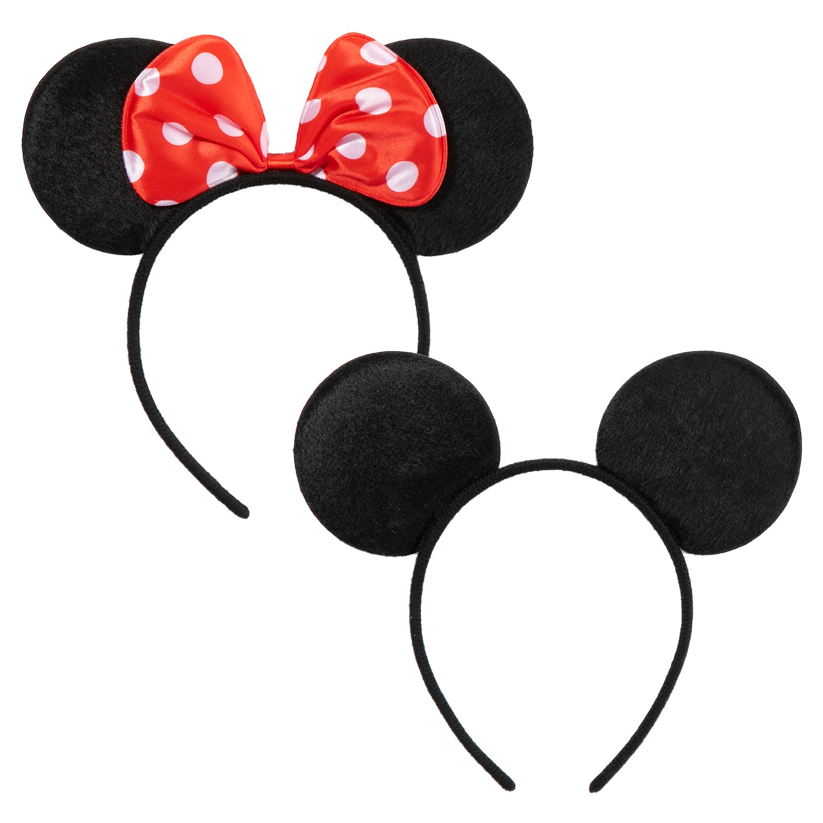 CHuangQi 2pcs Mouse Ears Headbands with Bow, Boy & Girl Headwear Hair Accessories for Birthday Party or Celebrations (PolkaRedBlack)