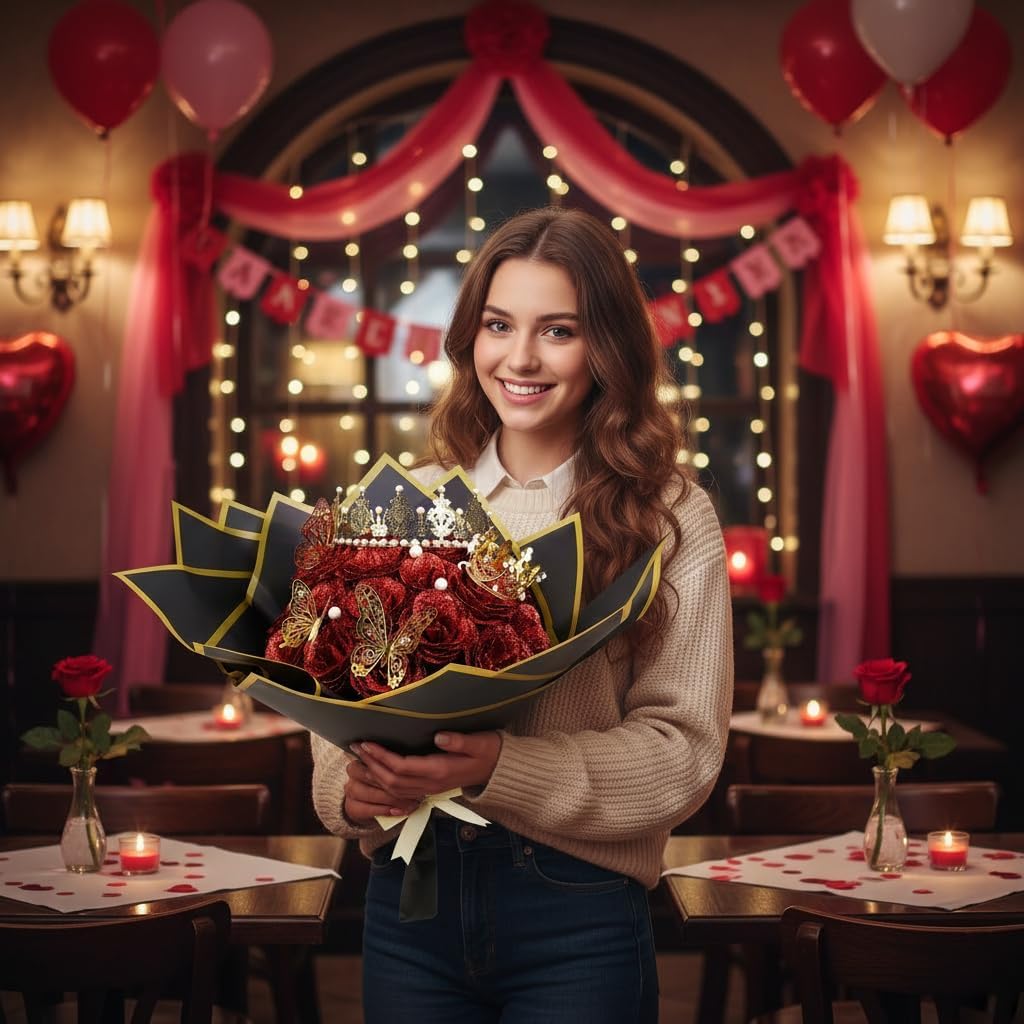 Glitter Roses Bouquet, 24 Red Artificial Roses with 2 Crowns,Pearls,Card,Paper,Ribbon,3 Butterfly,Wedding Bouquet of Flowers for Women,Valentine's Day DIY Present Set - Image 8