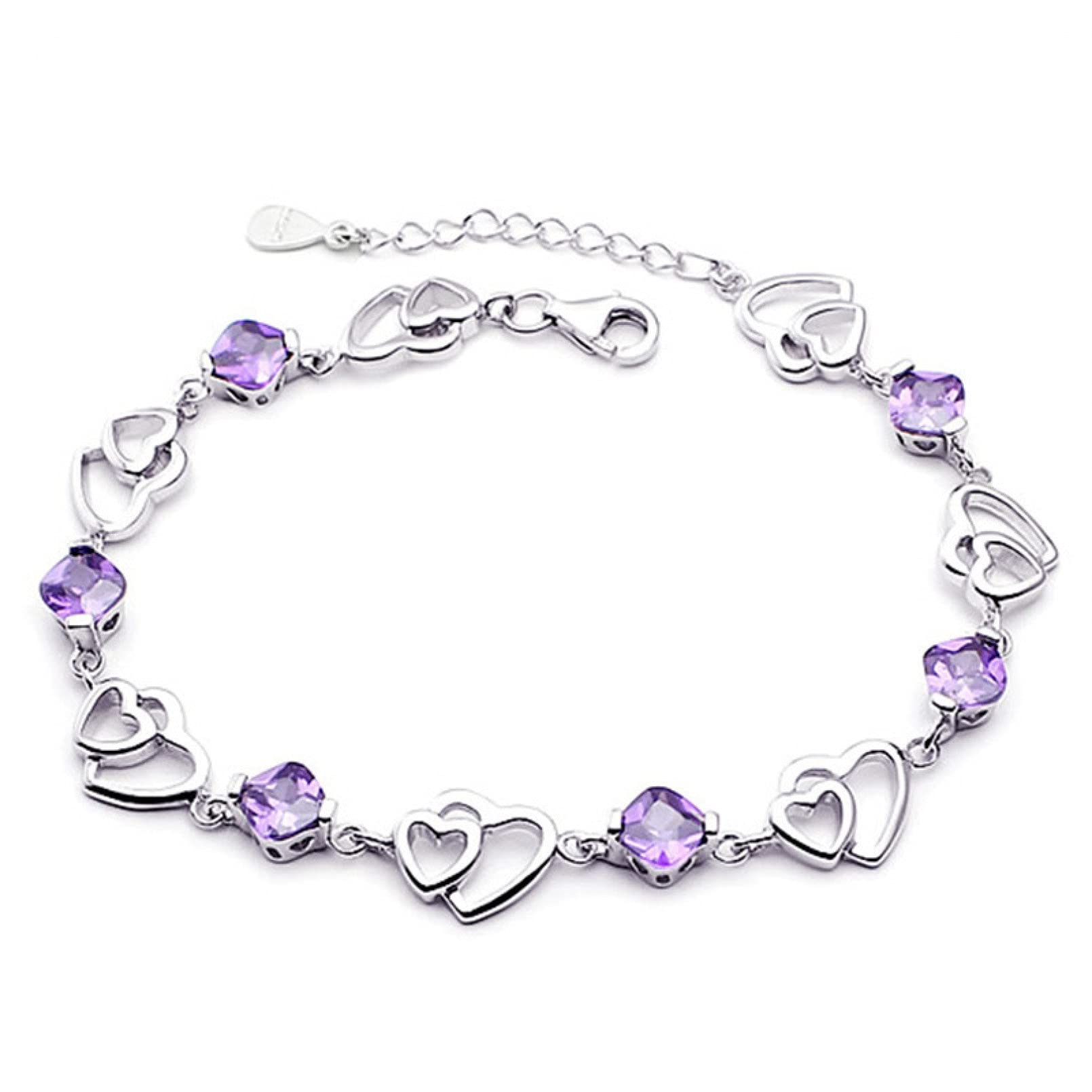 Pulsera De Mujer Pulsera De Plata 925 Ajustable para Mujer Pulsera con Dijes De Corazón De Amatista para Mujer