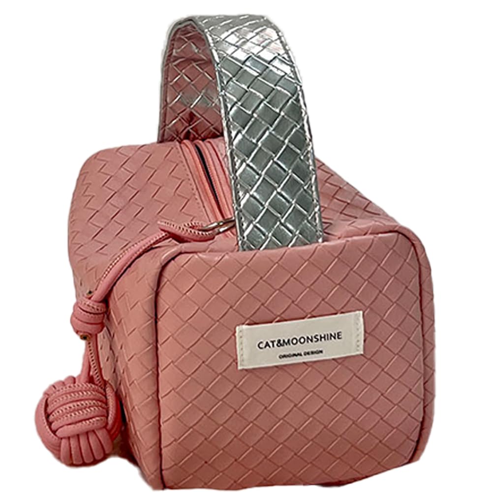 NovEnyWeave-Pattern Color-Block Cosmetic Bag - Chic Silver and Pink Design, Compact and Portable, Ideal for Daily Touch-ups, Commuting, and Short Travels (Pink)