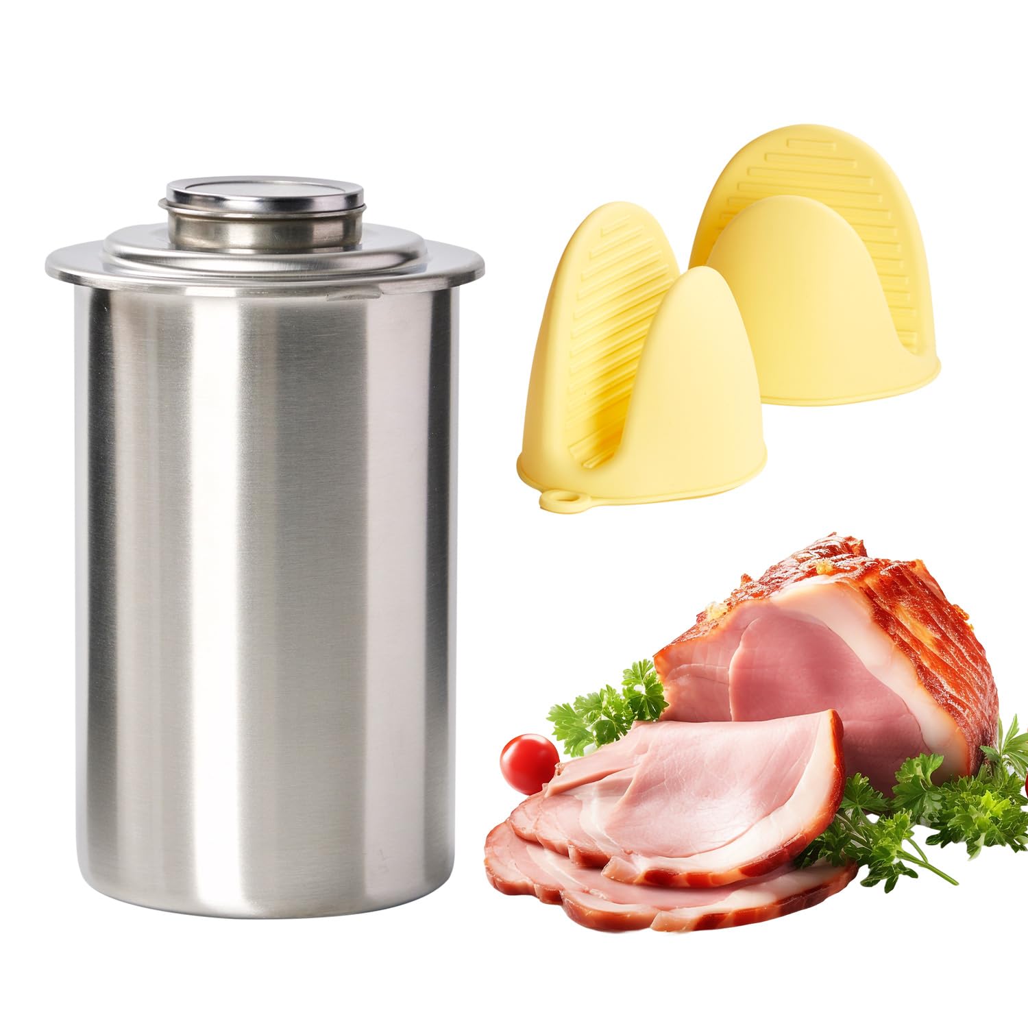 ROCKSHEAT Ham Meat Maker with Thermometer & Silicone Mitts, Stainless Steel Lunch Meat Press Mold for Deli Meats, Homemade Ham Maker Meat Press Tool