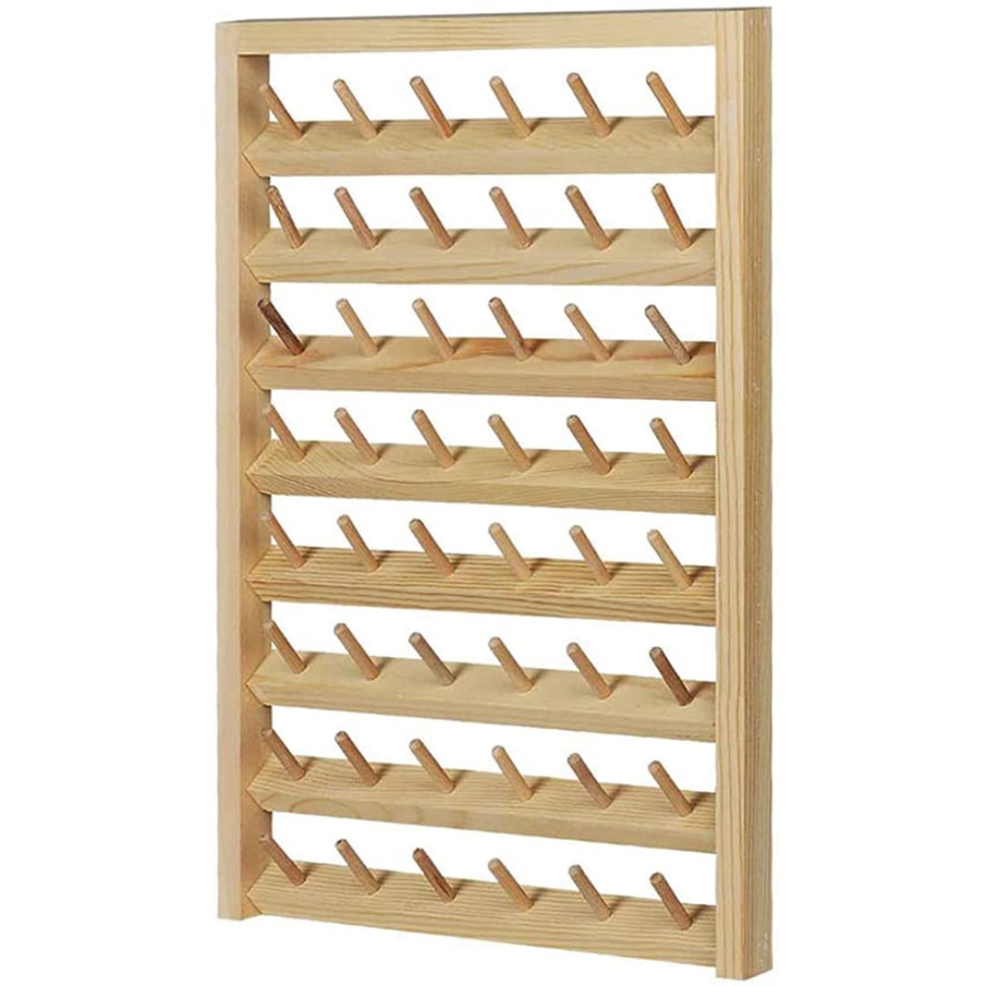 Thread Rack Portacarretes de hilo de coser montado en la pared para 48 carretes con ganchos para colgar Organizador de madera para acolchar bordado