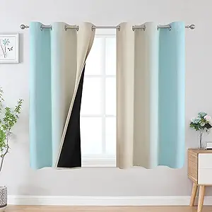 Estelar Textiler Beige and Aqua Ombre Blackout Curtains 45 Inch Length 2 Panels, Full Room Darkening Gradient Drapes for Kitchen, Thermal Insulated Grommet Short Curtains for Bathroom, 42Wx45L
