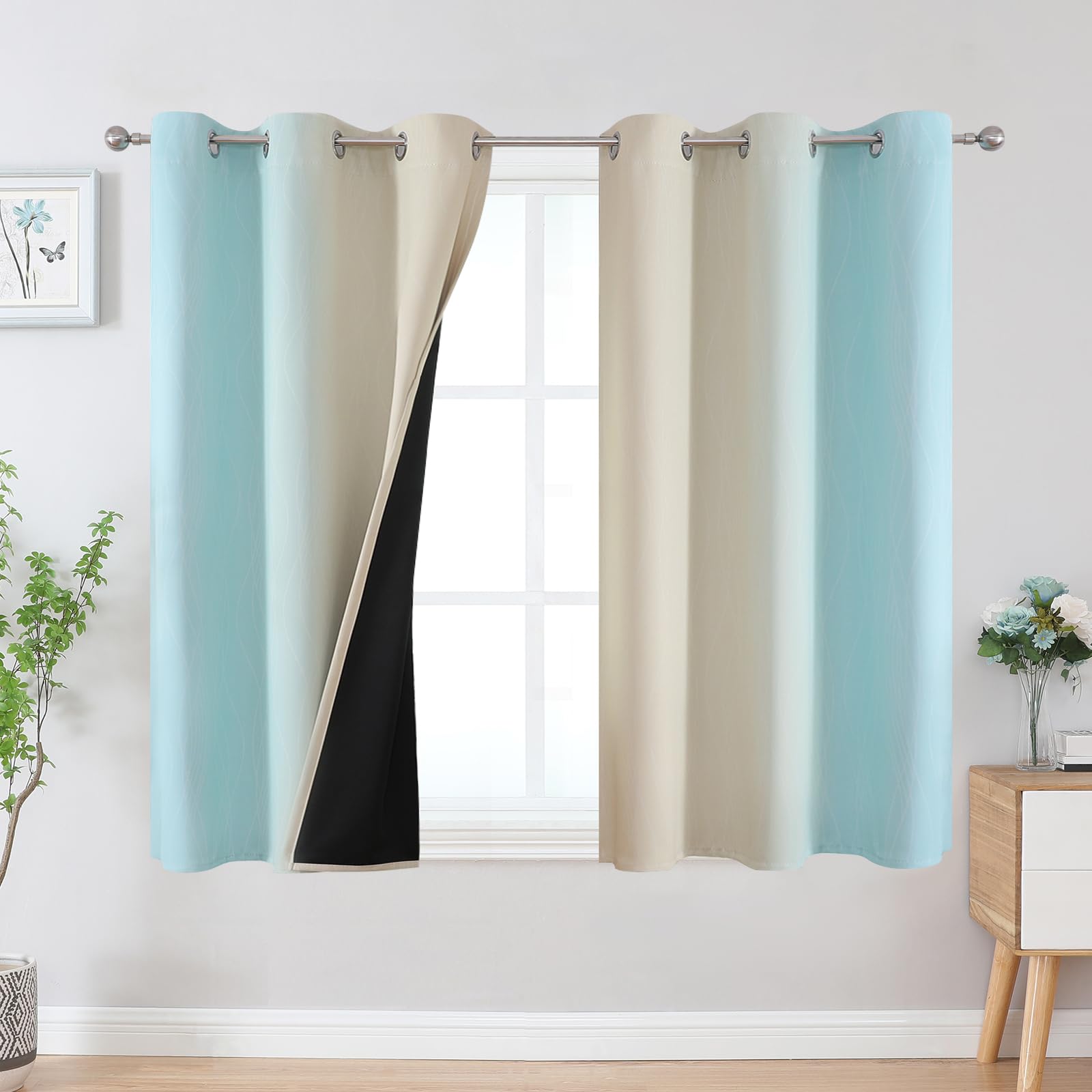Estelar Textiler Beige and Aqua Ombre Blackout Curtains 45 Inch Length 2 Panels, Full Room Darkening Gradient Drapes for Bedroom, Thermal Insulated Grommet Short Curtains for Bathroom, 42Wx45L