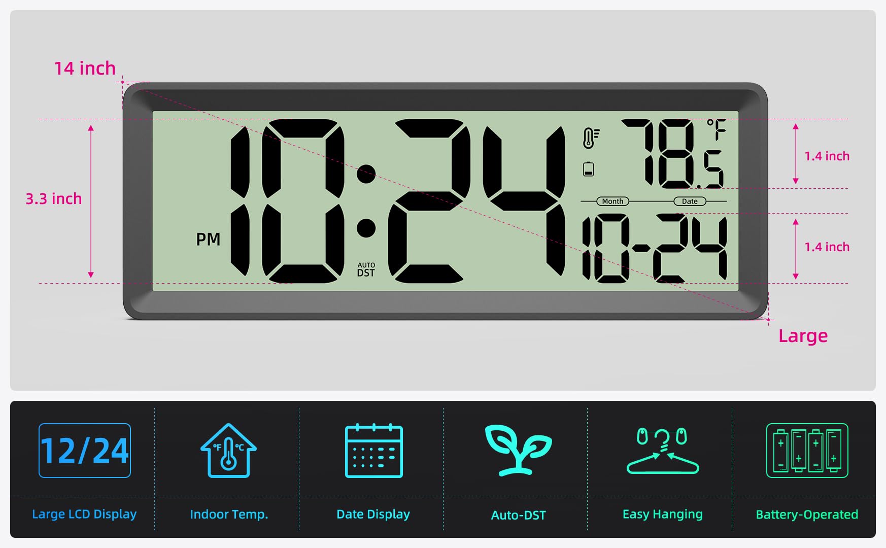 35,6 cm große digitale Wanduhr, batteriebetrieben mit Temperatur, Datum, Sommerzeit, große Digitaluhr für Küche, Bauernhaus, Schlafzimmer, Badezimmer, Klassenzimmer, Büro, Wohnzimmer – modern, leise