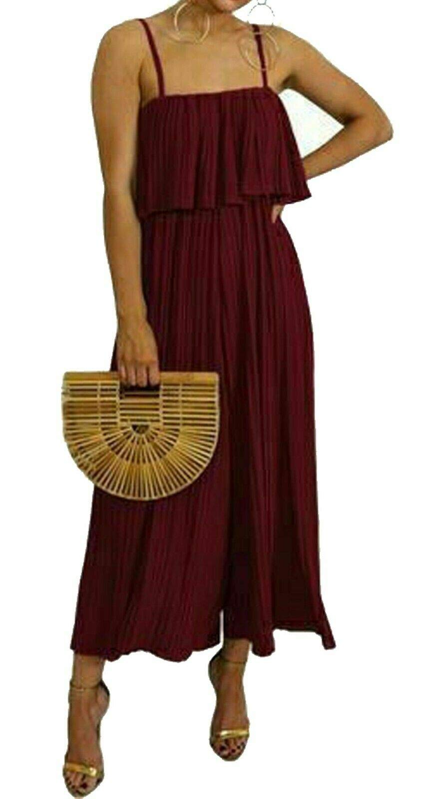 FAIRY TRENDZ LTD Womens Plain Crinkle Pleated Playsuit Dress Ladies Printed Frill Strappy Chiffon Jumpsuit (Wine UK 14)