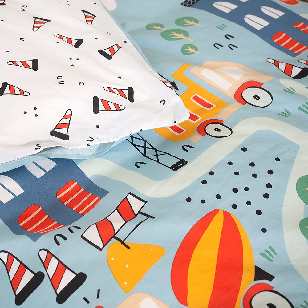 CÔTE DECO Parure da letto per bambini, reversibile, camion e trattore, blu, copripiumino 140 x 200 cm + 1 federa 63 x 63 cm, 100% cotone