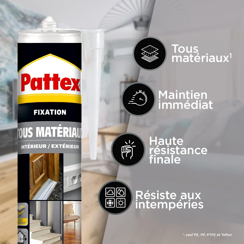 PATTEX Colle Fixation PRO300, Mastic De Fixation Polymère Haute Résistance, Intérieur Et Extérieur, Colle Et Jointe, Coloris Blanc, Cartouche 410 G (Lot De 3