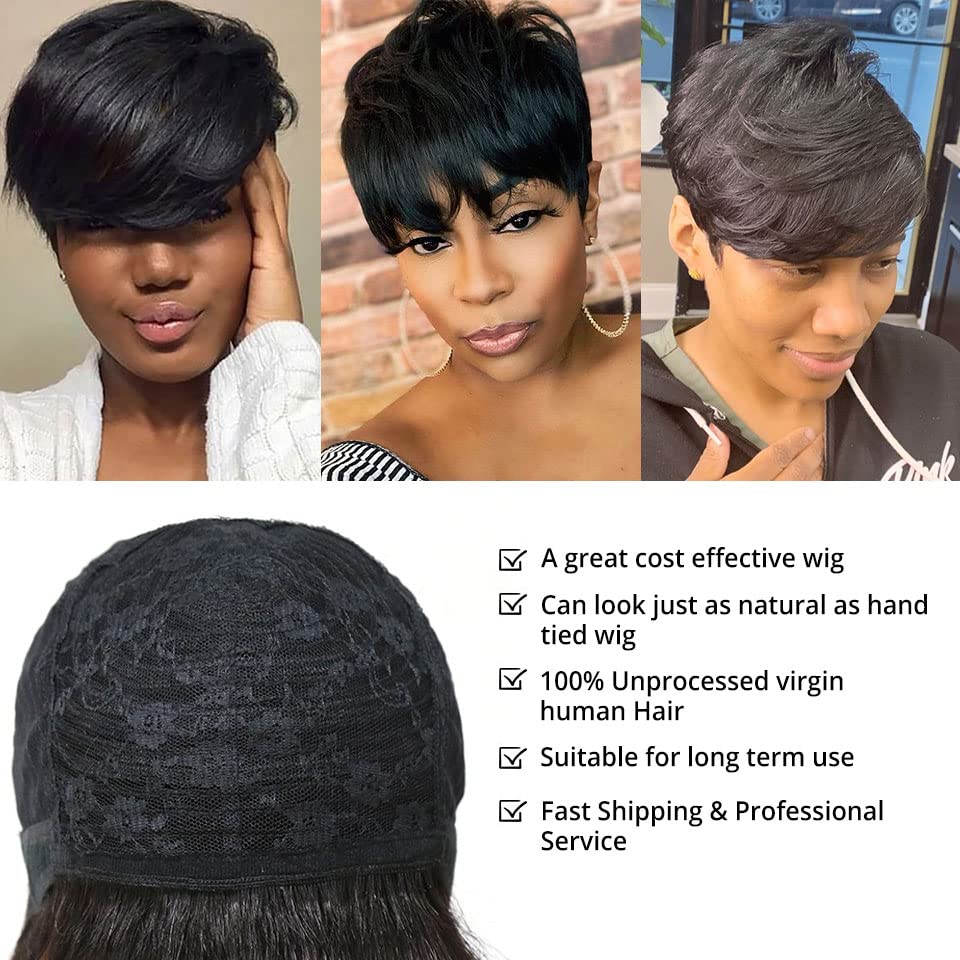 Short Pixie Cut Human Hair Wigs Brazilian Straight Hair Wigs None Lace Front Wigs Machine Made Wig for Black Women Natural color (8INCH, 1B)