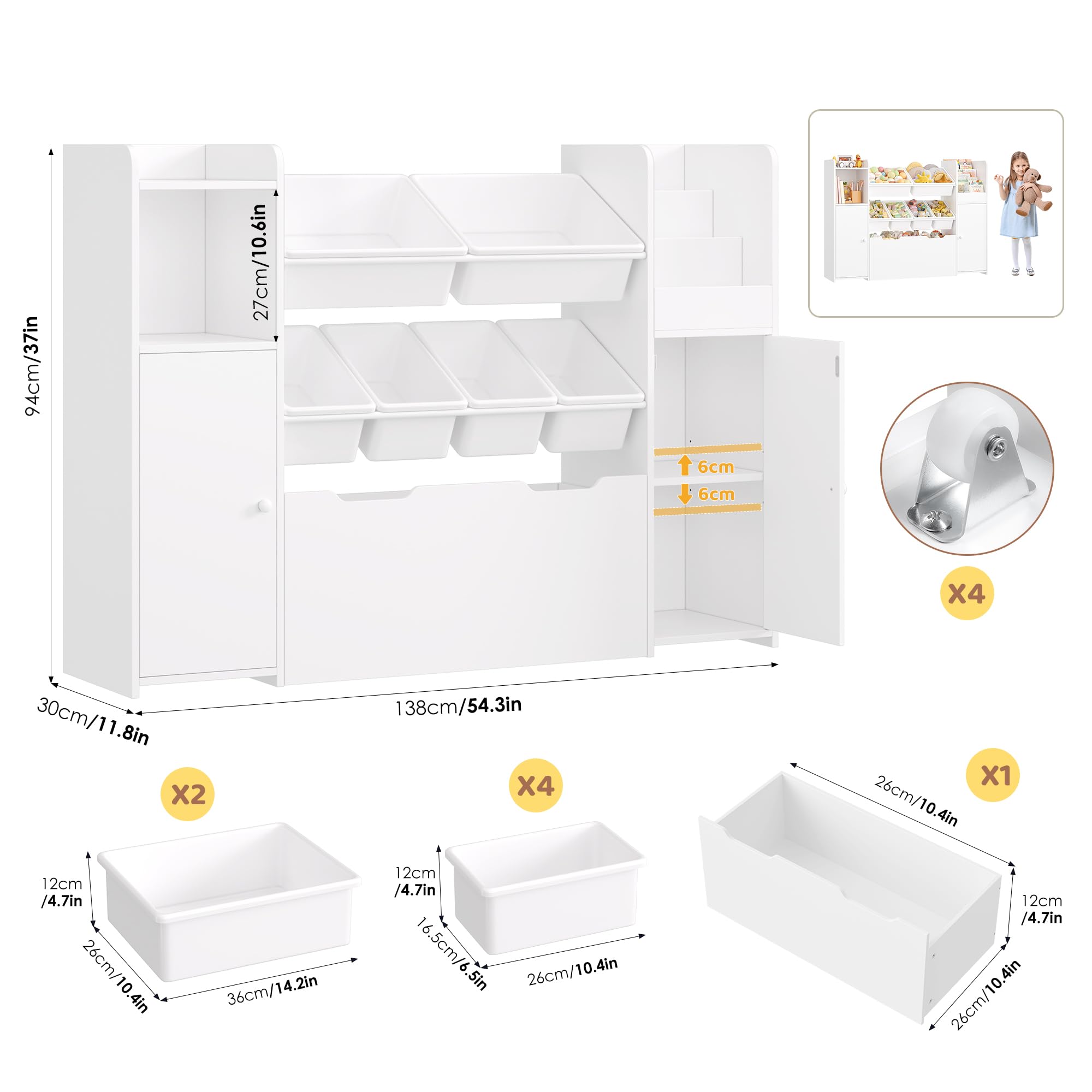 FOREHILL Organizer Giocattoli, Porta Giochi Bambini con 6 Scatole Contenitori, Mobile Porta Giochi con Portariviste, 1 Cassetto Grande con Ruote, per Cameretta e Sale Giochi, 138x30x94 cm (Bianco)
