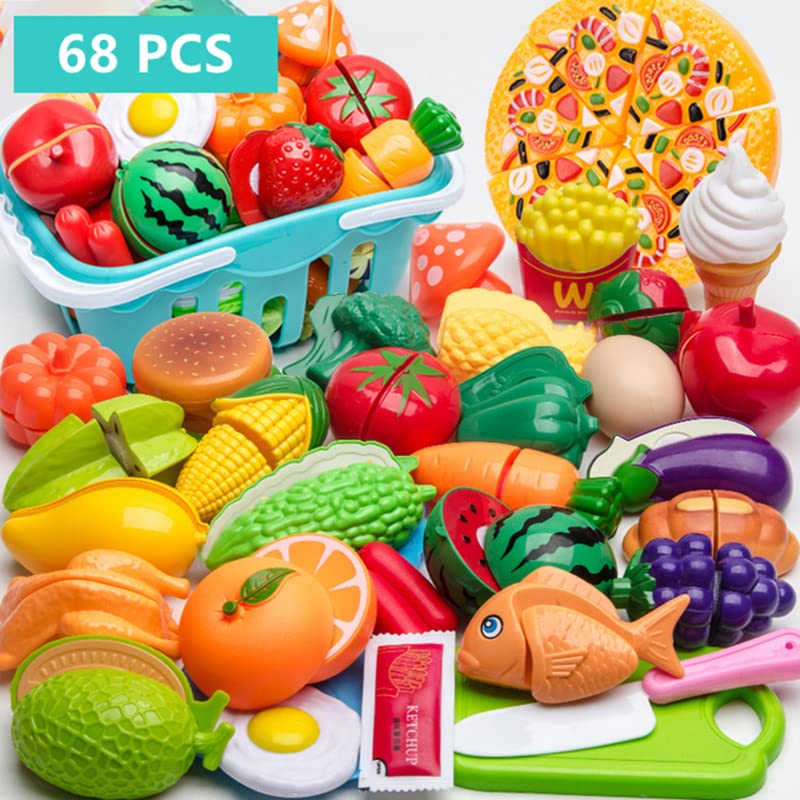 ioatiot Fruit Cutting Simulation Toy Set, 68pcs Play Kitchen Plastic Cutting Food Cuttable Fruits and Vegetables Play Food Kitchen Toy Accessories Set, Educational Food Toys for Children Girls Boys