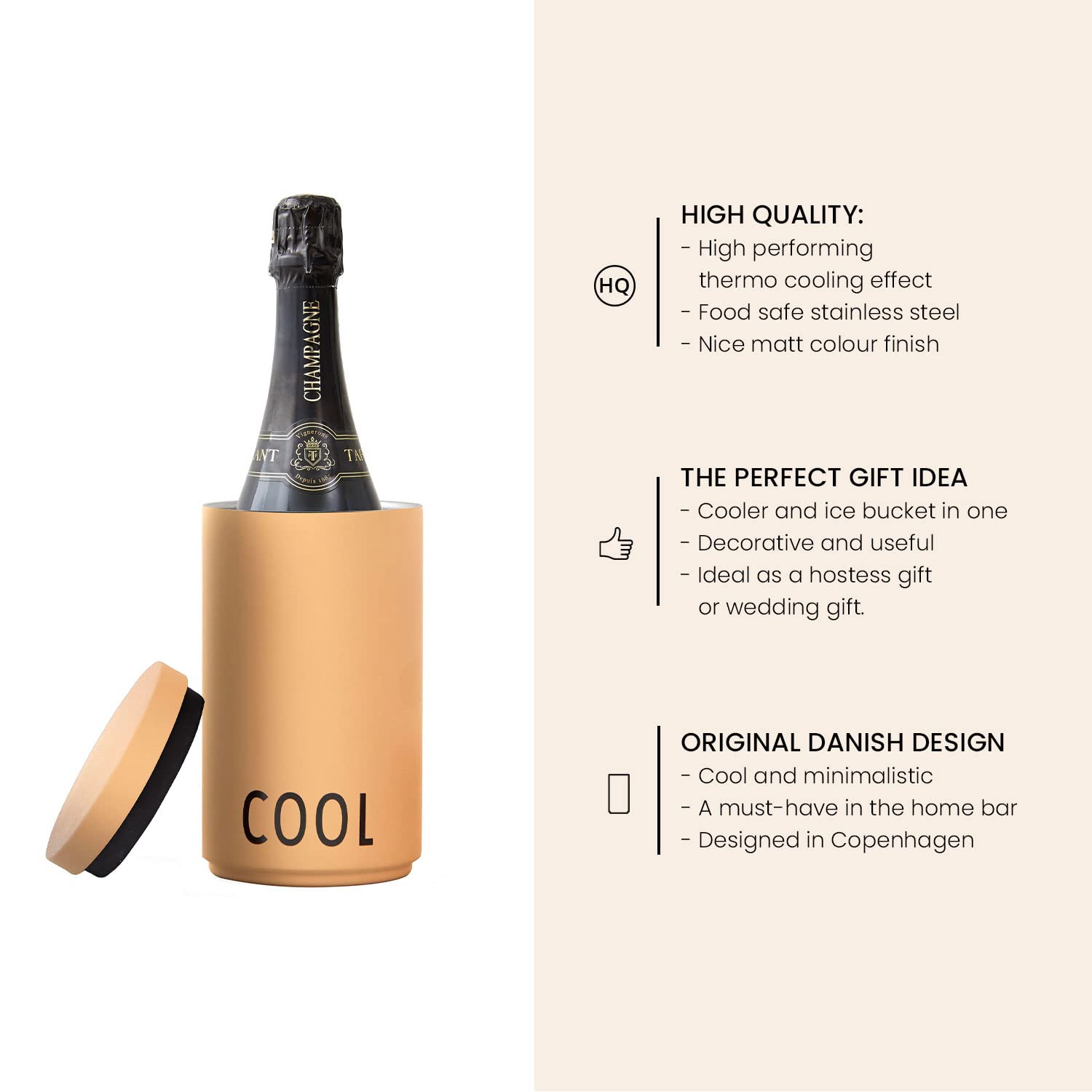 Design Letters Cubitera con Tapas 1.1 L | Enfriador de Vino | Enfriador Botellas Vino in Acero Inoxidable | Funda Enfriador de Vino Sidra Champagne o Cava para Congelador Regalo Mujer, Regalo Hombre