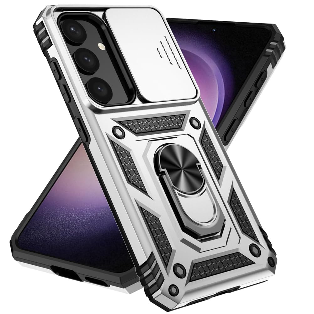 IMEIKONSTPhone Case for Samsung Galaxy S24 Plus, Sliding Camera Hard PC Back Cover TPU Bumper Shockproof Full Body Protection, Metal Ring Stand Rotating Shell for Samsung S24 Plus. Silver JXT