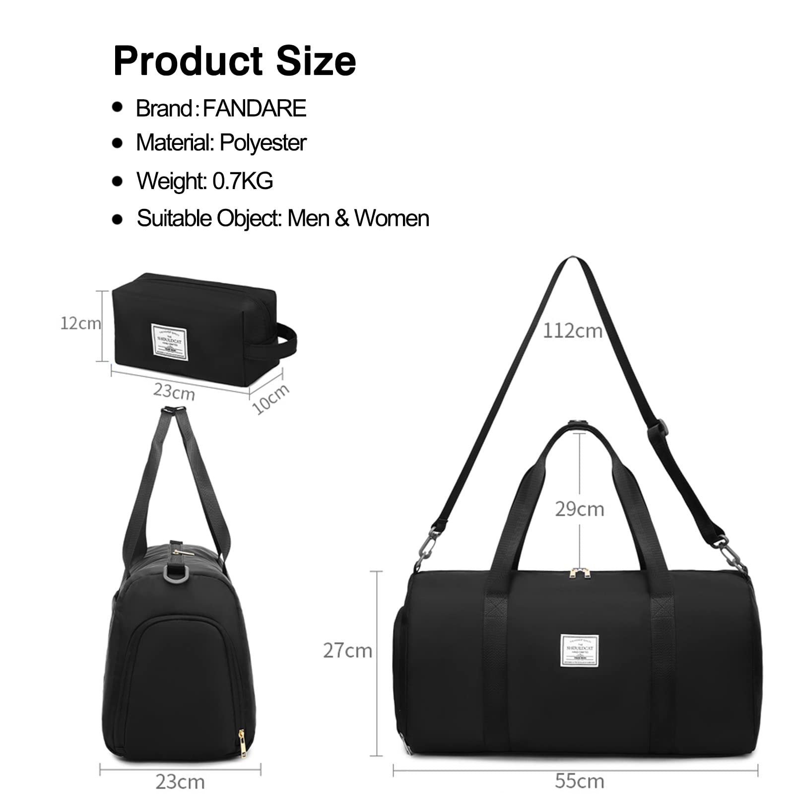 FANDARE Damen Reisetaschen Herren Klassische Sporttaschen Handgepäck mit Kosmetiktasche Weekender Umhängetasche Übernachtung Kliniktasche Schwimmtasche Trainingstasche Tote Bag Schwarz