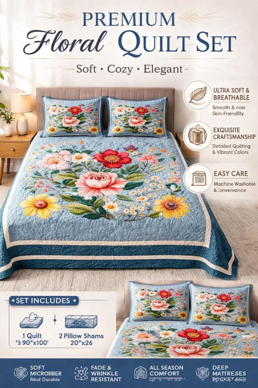 Image of Akshya Double Bedsheet King Size (90x100 Inch) with 2 Pillow Covers | 300 TC Microfiber Soft Bedsheet | Light Blue Floral Printed Flat Bedsheet for Double Bed