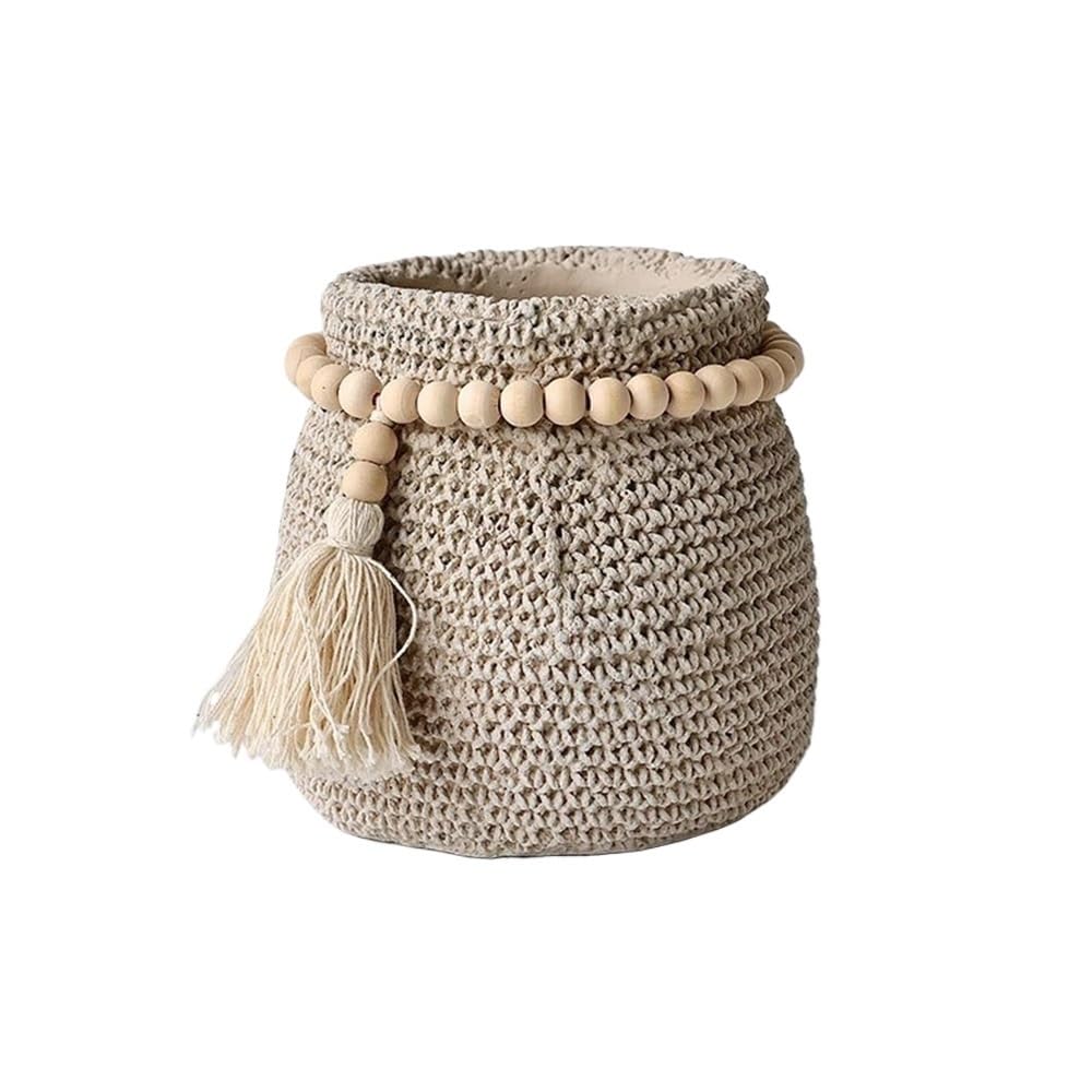 Kx9lb8d One Color Flower Planters Relief Crochet Texture Pockets Planter, Basin Mouth With Removable Wooden Stringing Beads Decor, Cement With Drainage Hole, For Living Room Balcony