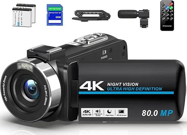 4K 80MP Camcorder Video Camera Ultra HD Vlogging Camera for YouTube 18X Digital Zoom Recorder IR Night Version 3.0" IPS HD Screen With Handheld Stabilizer, Microphone, Remote Control and 32GB SD Card