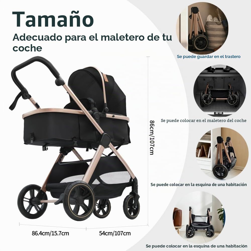 Cochecito Sistema de Viaje 3 en 1 Totalmente Plegable,Negro Oro