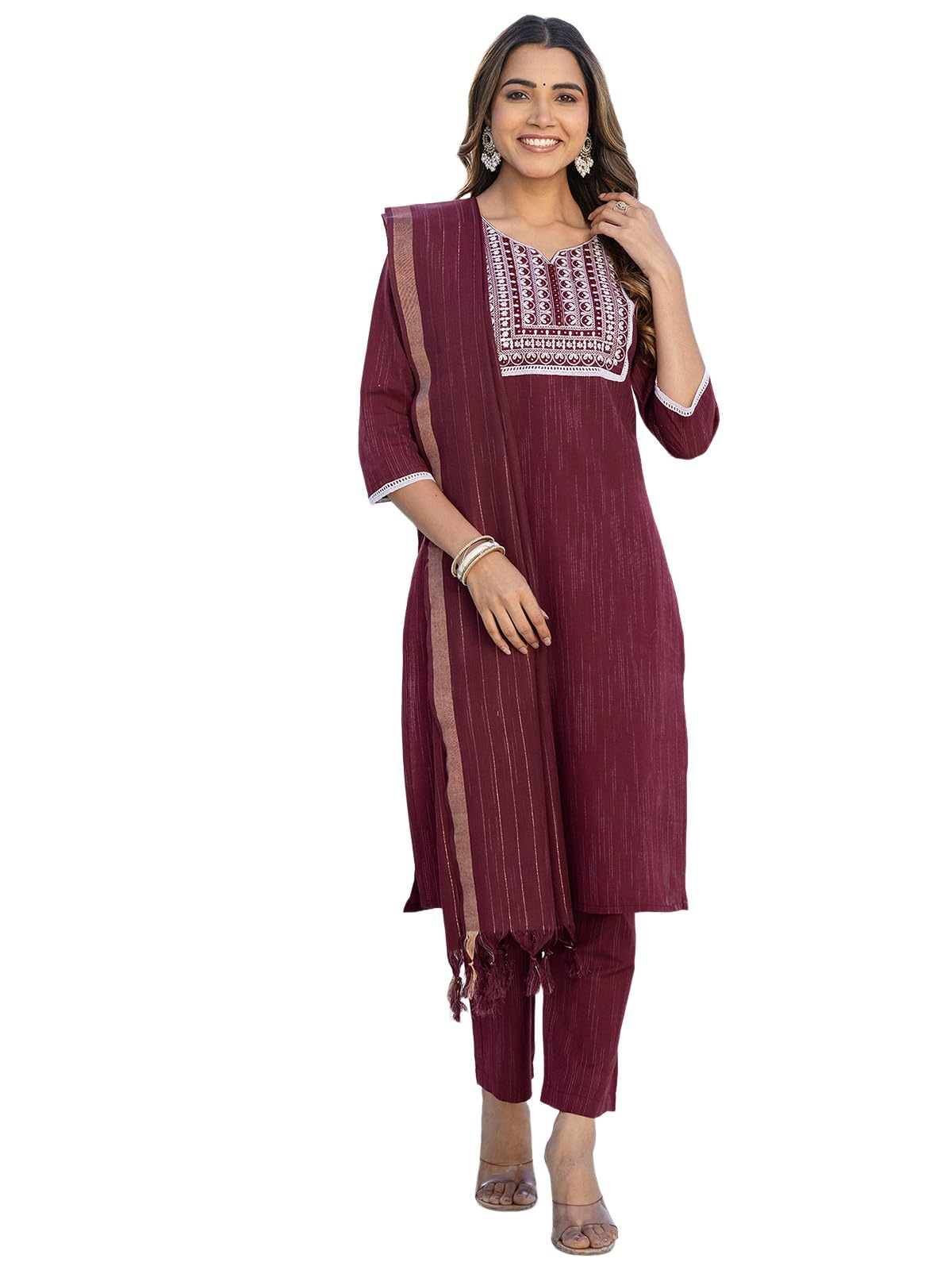 Sanisa Women's Cotton Embroidery And Mirror Work Straight Kurta With Pant And Dupatta Set (285Kbd2985N-L_Maroon)