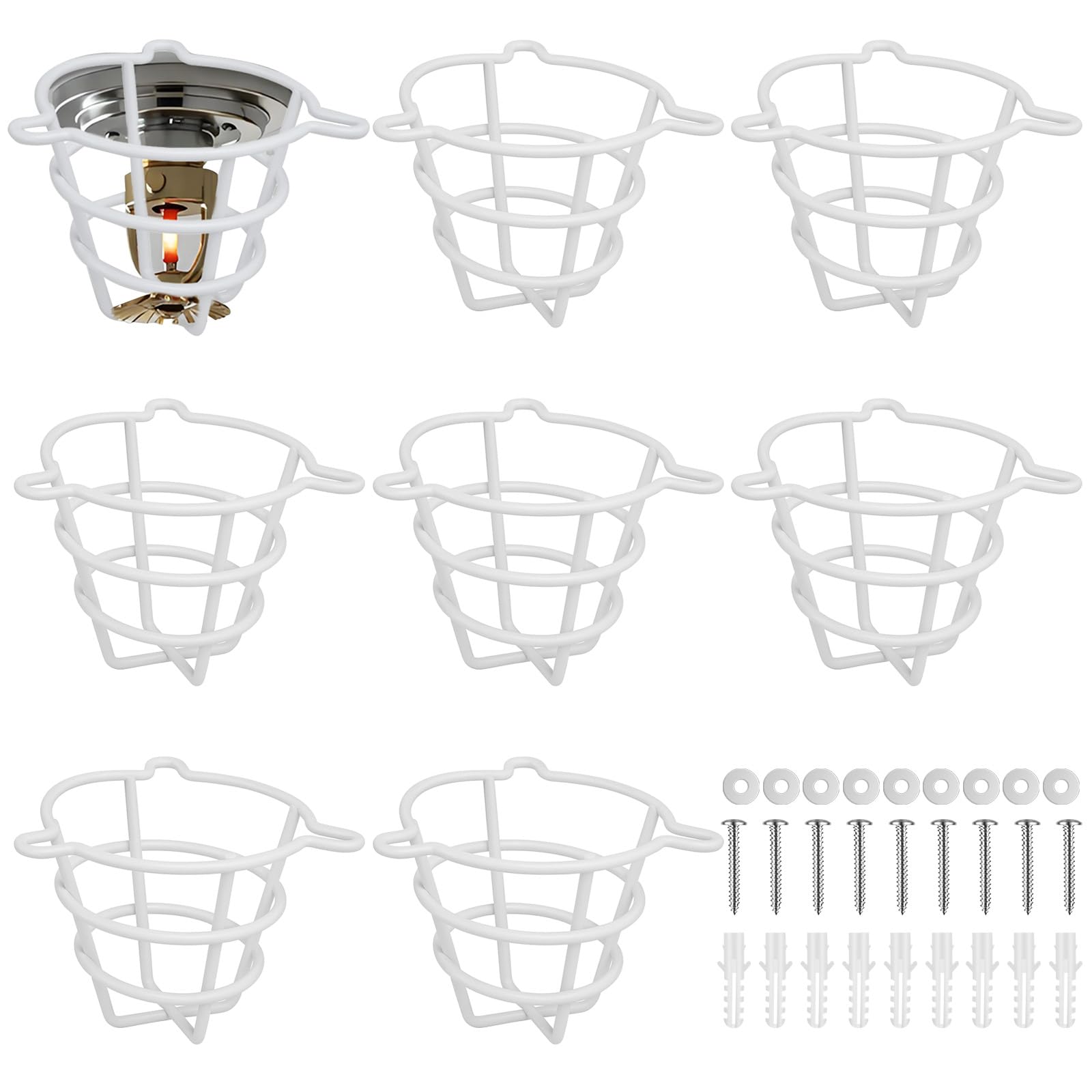 Photo 1 of Shimeyao 8 Pcs White Fire Sprinkler Head Guard Cage Covers Protectors Sprinkler Bracket for Both 1/2" and 3/4" Flush Mount Side Wall Pendent Semi Recessed Fire Heads for Ceiling Wall Mount