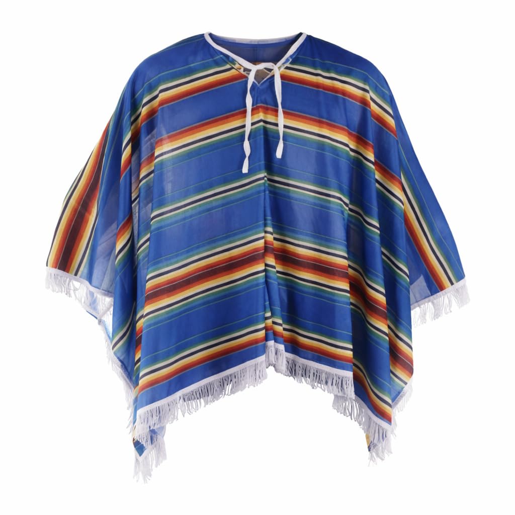 AR BRAND EST. 2021 Adult Cowboy or Blue mexican Poncho with Tassel Fringe Wild Western Cowboy Wandering Gunslinger Bandit Halloween Fancy Dress Costume One Size Unisex Accessory for Men and Women