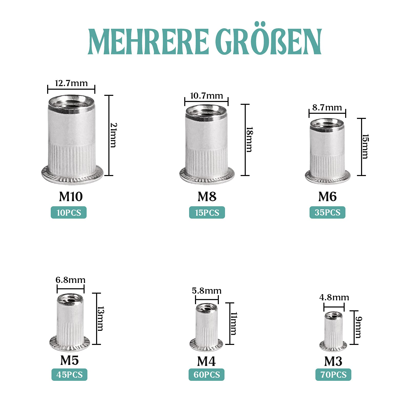 235 Stück Nietmuttern Sortiment Set, M3 M4 M5 M6 M8 M10 A2-70 Edelstahl Zugnietmutter Rivet nuts Muttern mit Aufbewahrungsbox (breit) (235 Stück Nietmuttern)