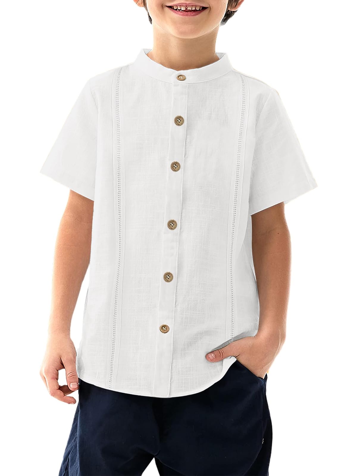 Haloumoning Camisa de manga corta para chicos Cuban Guayabera Camiseta Niños Algodón Casual Camisa Lisa Verano Playa Casual Camisa