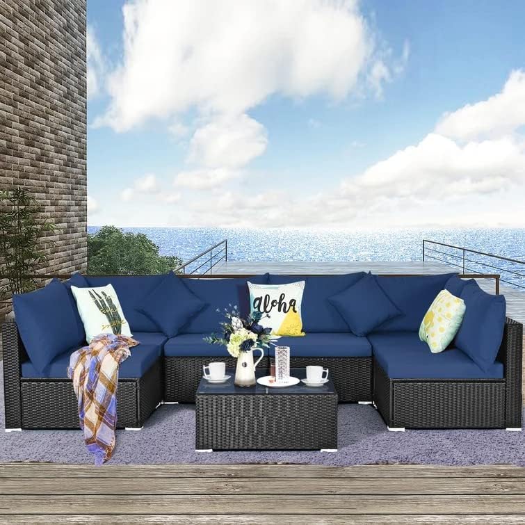 Image of 6 Seater Outdoor Patio Sectional Sofa L Shape sofaWicker Furniture Conversation Sets with Washable Cushions, and Glass Coffee Table for Garden, Poolside, and Backyard. (Black and Nevy Blue)