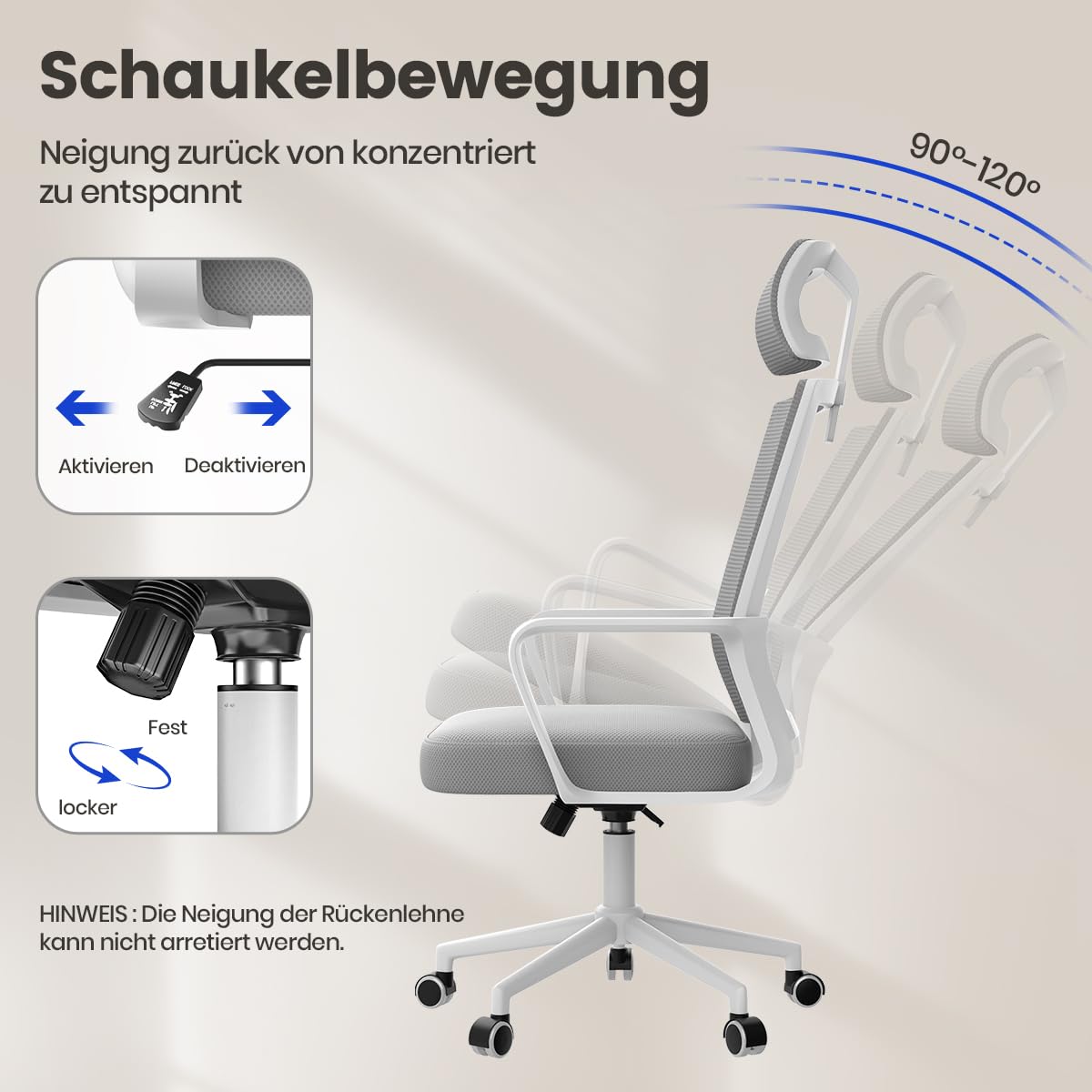 naspaluro Schreibtischstuhl Ergonomisch mit Verstellbarer Kopfstütze | Bürostuhl mit Atmungsaktivem Netzrückenlehne, Höhenverstellbar und 360° Drehbar Computerstuhl, für Arbeitszimmer, Hellgrau