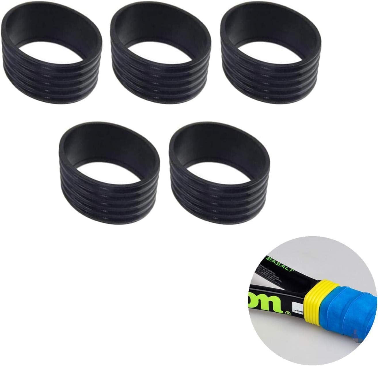 Mioaoa 5Pcs Black Tennis Racket Handle Rubber Ring Stretchy Tennis Racquet Band Overgrips, Tennis Racket Grips, Racquet Accessories