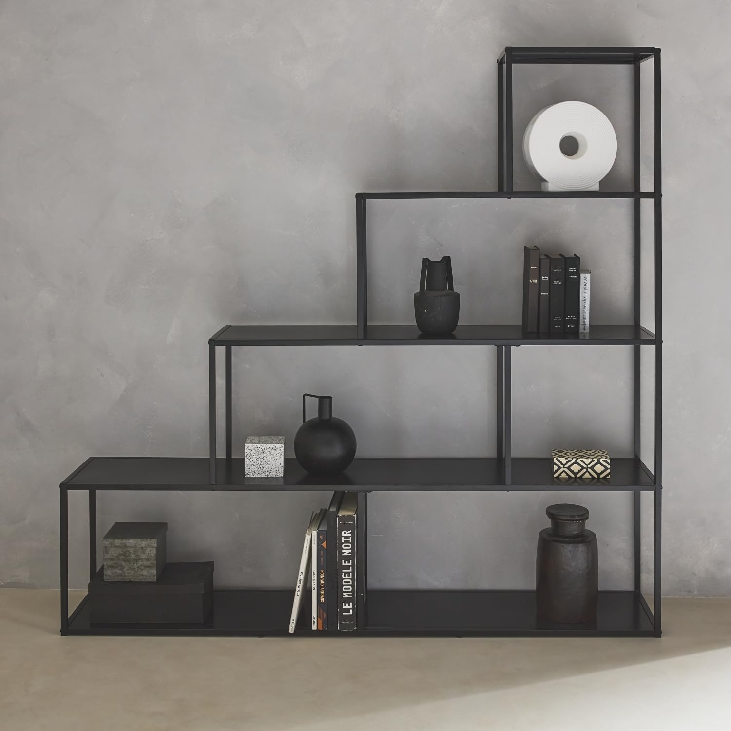 Libreria industriale a scala in metallo, 4 livelli Nero - 160x30x157 cm