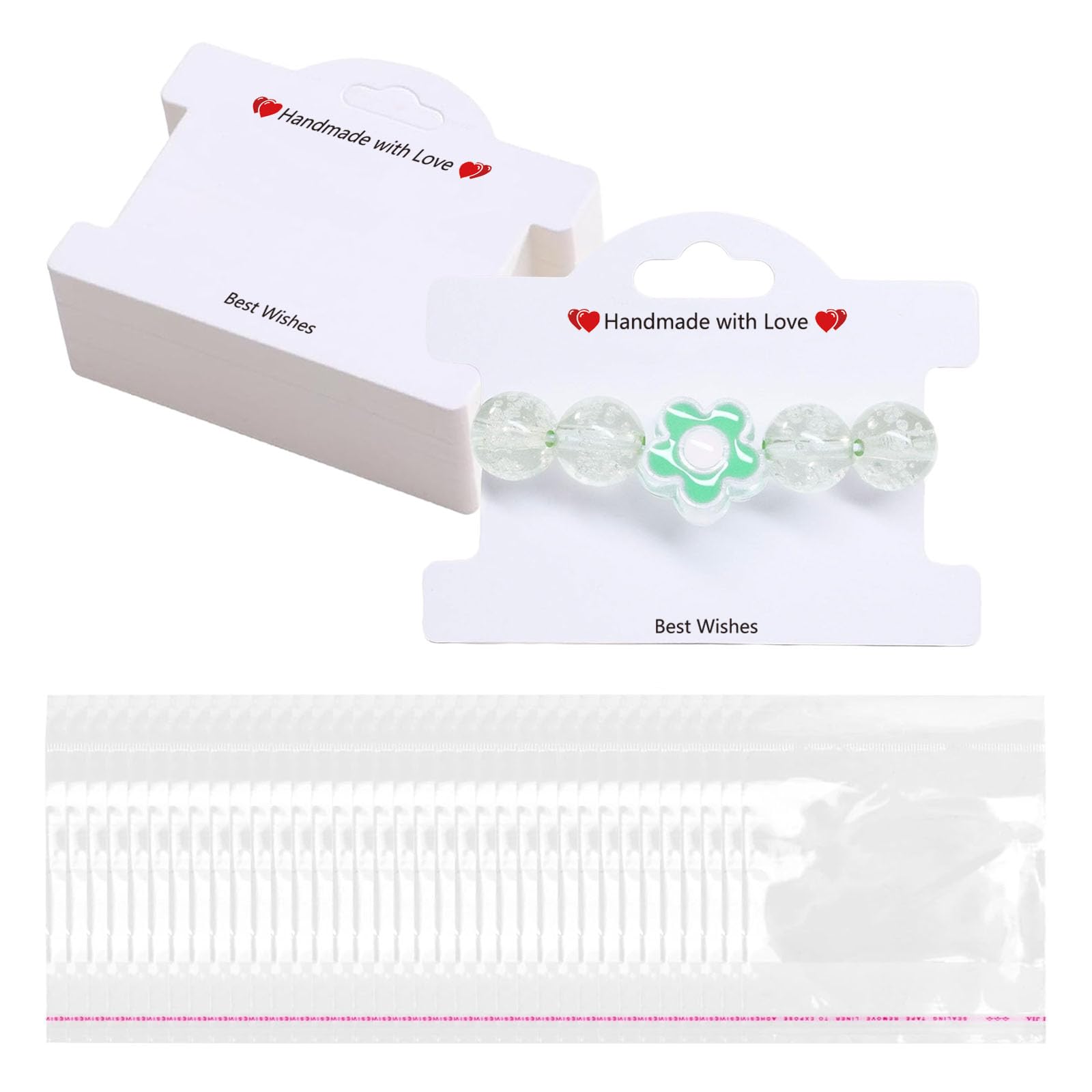 100Set Jewelry Display Cards, Bracelet Display Cards with Clear Bags for Small Business of Hair Ties, Bracelet, Necklace, Hair Scrunchies (White)
