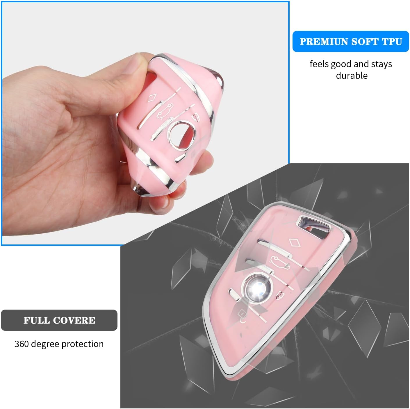 QBUC for BMW Key Fob Cover with Leather Keychain,for BMW 2 5 6 7 Series X1 X2 X3 X5 X6 X7 Premium Soft TPU Key Fob Holder (1-Pink) - Image 5