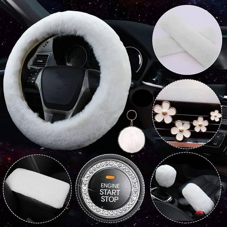 Kit de acessórios internos automotivos com capa felpuda para volante branco LXPKKIG para volante de 38,1 cm, 12 peças