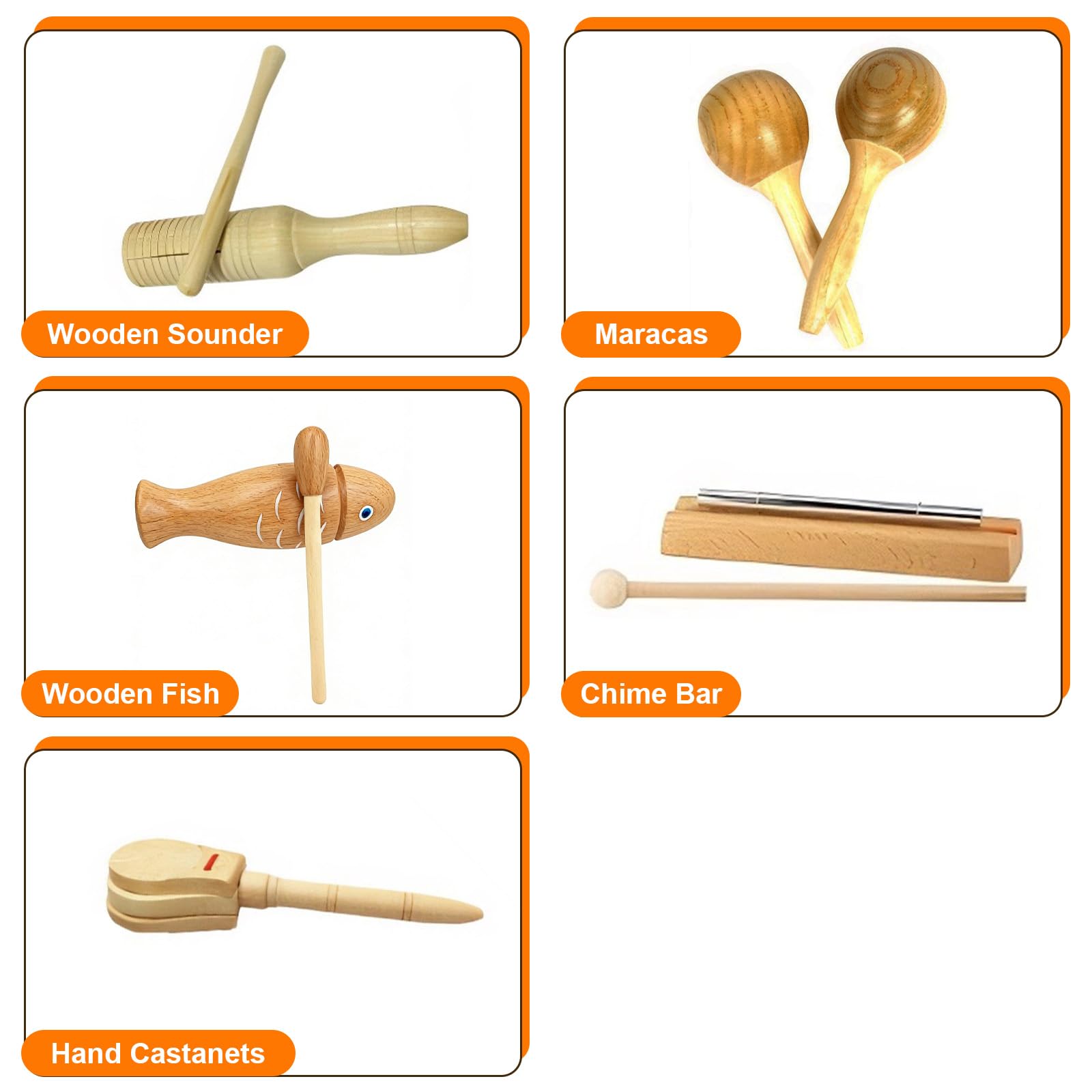 14-TLG Musikinstrumente Set für Rhythmik & Musikalische Früherziehung, Musik-Set aus Holz mit Maracas, Handglocken, Tamburin, Triangel, Holz-Guiro, mehr & praktischer Aufbewahrungstasche