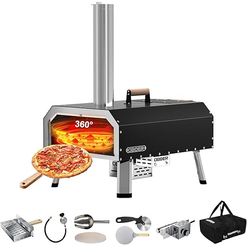 Multi-Fuel Pizza Oven Outdoor with 360°Auto Rotate, 13” Gas Propane & Wood Fired Pizza Maker, Stainless Steel 3-Layer Oven, Portable Pizza Maker with Built-in Thermometer