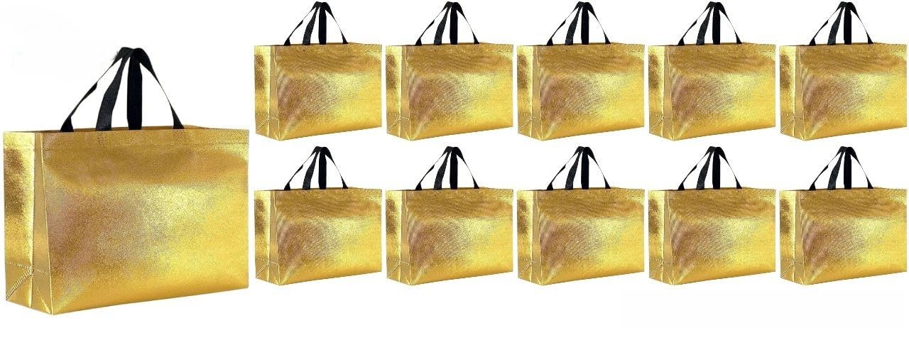 Evafly Gift Bag Large Size Pack of 10 : L12 x W17 x D5 inch|Resuable Non-Woven Shiny Metallic Laminated|Haldi Return Gifts, Jute Bags for Return Gift,Return Gift For Birthday - Large Golden