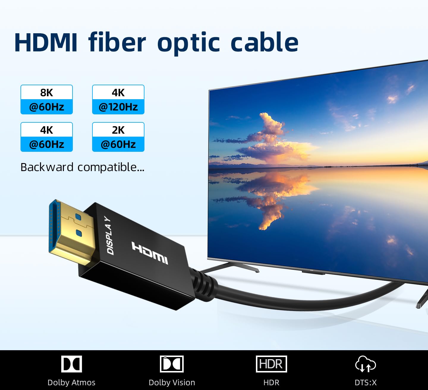 Cable de fibra óptica HDMI 8K de 15 pies, cable HDMI 2.1 4K120 8K @60Hz, cable de audio óptico HDMI delgado de 48 Gbps, cable HDMI de audio óptico, cable HDMI, eARC HDR10 HDCP 2.2 compatible con
