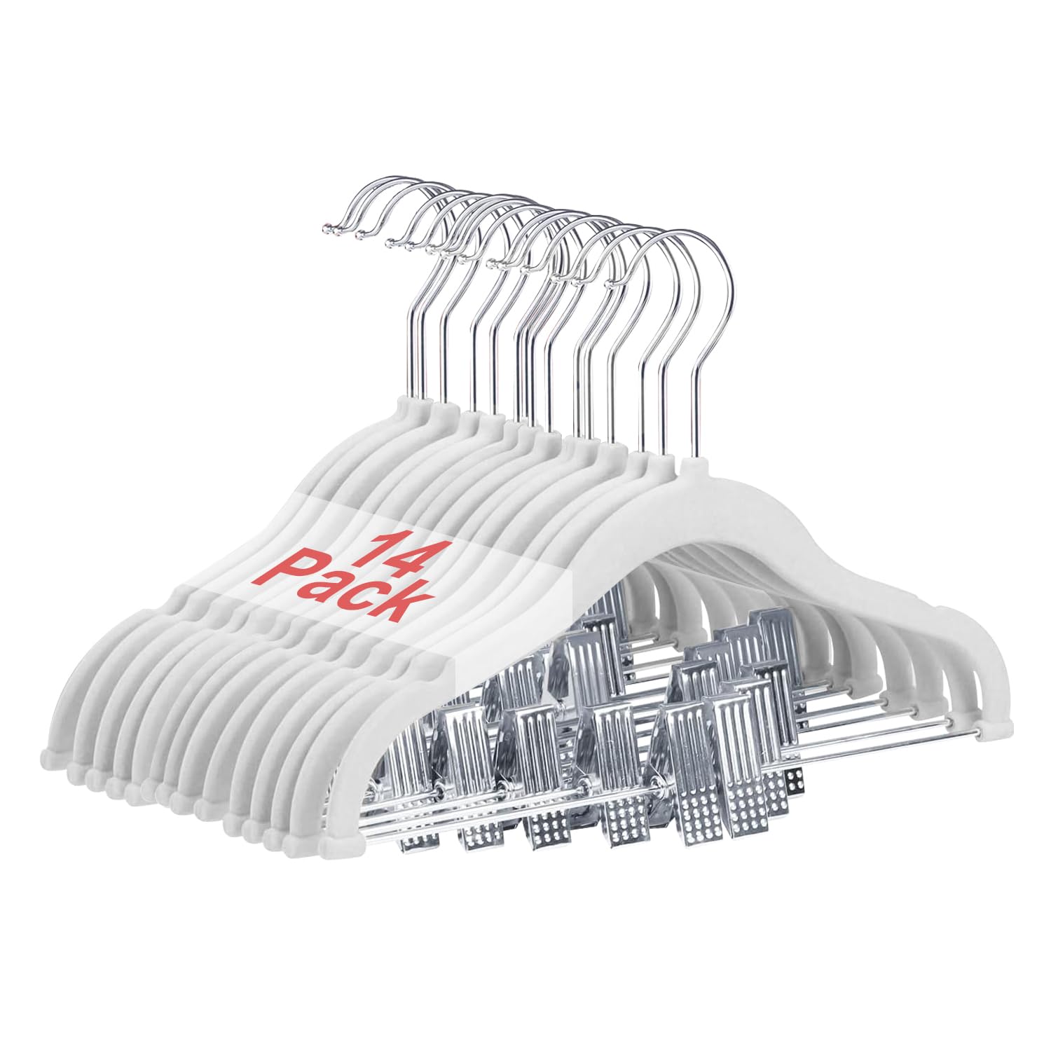 Wellong Baby-Kleiderbügel mit Clips, 14 Stück KinderKleiderbügel aus Samt, Strapazierfähige Kleiderbügel, rutschfeste Baby-bügel für Hemden, Hosen, Röcke, Kleider, Jacken, Mäntel, Weiß