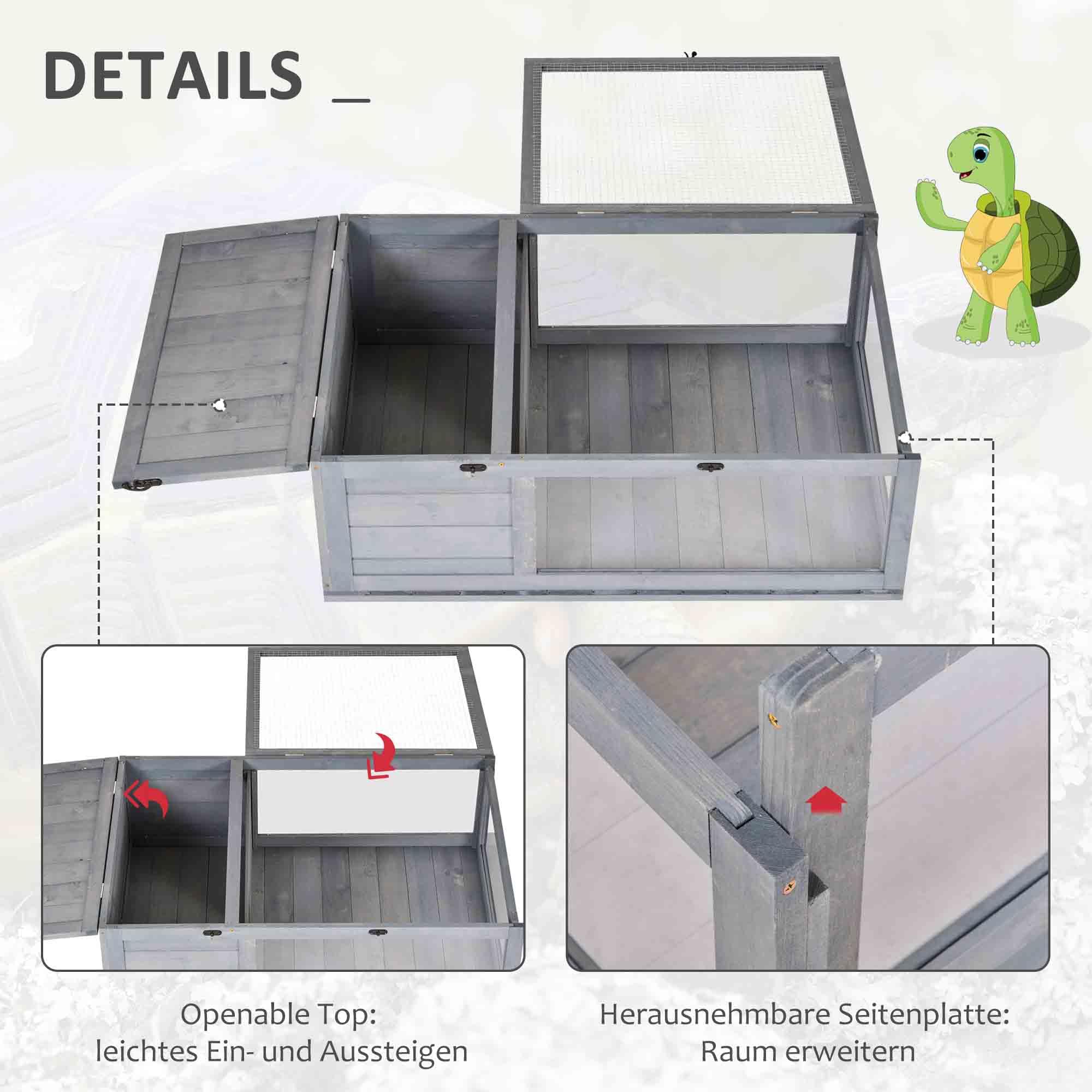 PawHut casa in legno per tartarughe recinto per tartarughe con piano incernierato, gabbia per rettili da esterno terrario per tartarughe rettili per interni esterni 91x60,5x32 cm, grigio