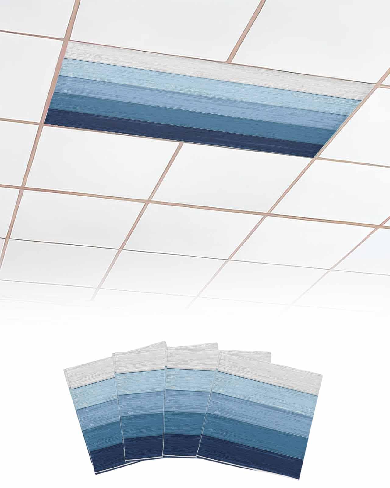EwdeWwo Rustic 4 Pcs Fluorescent Light Covers for Ceiling Lights, Gradient Blue Wooden Board Magnetic Light Filters for Eliminate Harsh Glare Classroom Office Decoration, 4 x 2 Ft