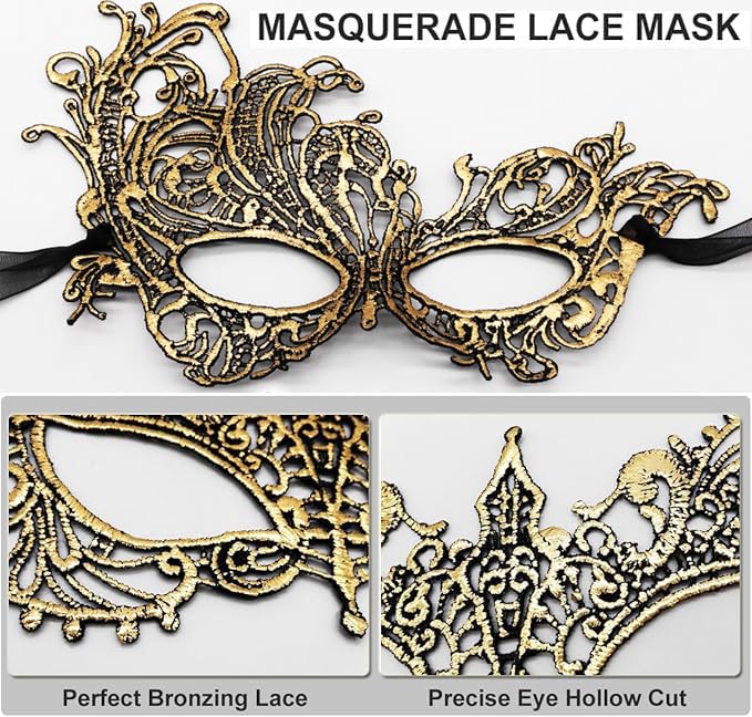 MZinge Masquerade Mask for Couple Men Venetian Mask for Halloween Lace Masque Costume Eyemask Party Prom Ball Mardi Gras (GOLD - Image 2
