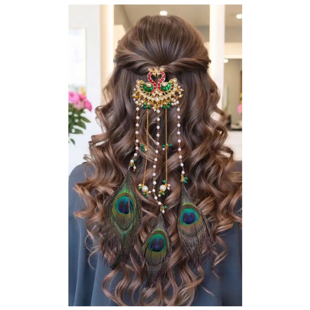 Gold-Plated Peacock Hair Accessory with Pearls & Real Feathers | Wedding Bridal Jada Billa | Festive Godh Bharai & Baby Shower Hair Pin | Traditional Jewelry for Women | Gold-Plated Jada Billa for Wedding, Reception & Sangeet | Ethnic Mor Pankh Hair Accessory for Women-image-30